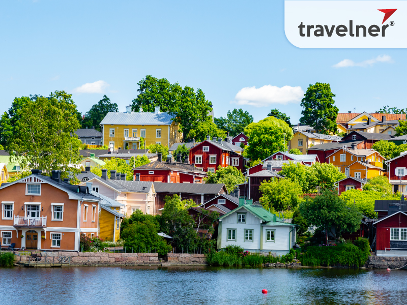 Beautiful city landscape with idyllic river and old buildings in Porvoo