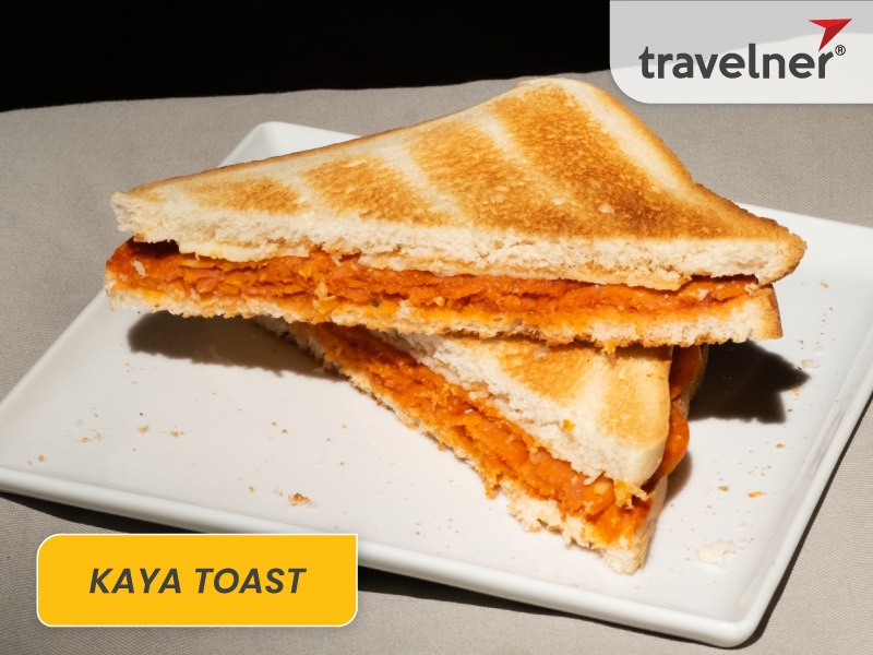 Kaya Toast is served with cups of milk tea or hot coffee Kaya Toast is served with cups of milk tea or hot coffee