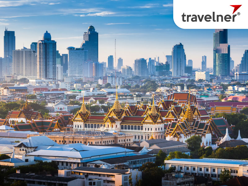 The Golden Grand Palace of Bangkok with skyscraper view of cityscape at
sunrise The Golden Grand Palace of Bangkok with skyscraper view of cityscape at
sunrise