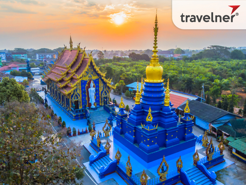The main blue color of Wat Rong Suea Ten represents Buddha's goodness