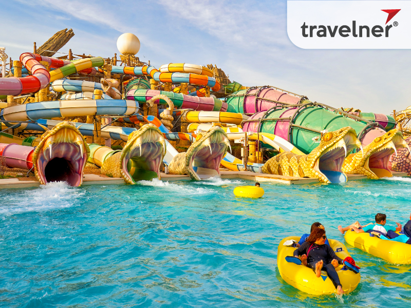 Travelers release energy at Yas Waterworld in Abu Dhabi.