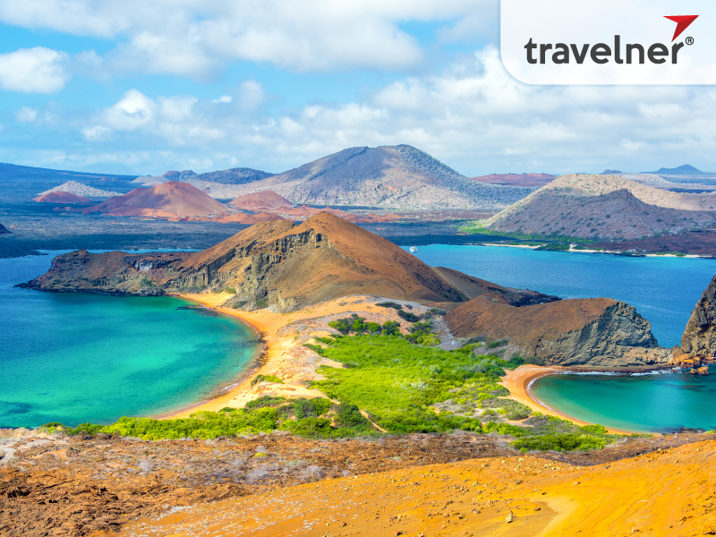 View of two beaches on Bartolome Island in the Galapagos Islands in Ecuador